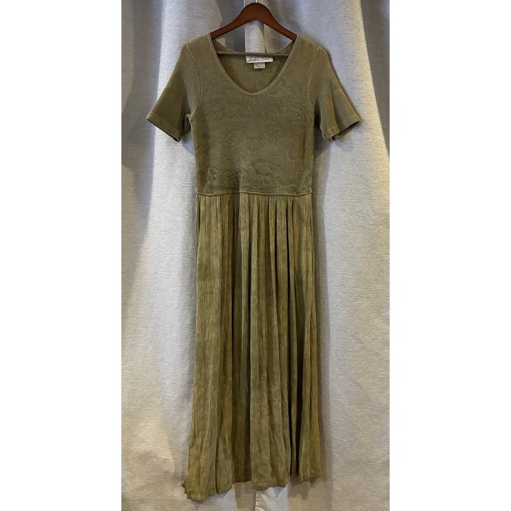 Vintage Maxi Barbara Lesser Dress M Green Long Sleeve Textured‎ Boho Whimsigoth